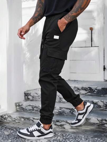 Manfinity Homme بنطال رجالي ارتيادي سائب ذو خصر مطاطي وأساور، بنطال سائب بحبل الخصر، مناسب للاستخدام اليومي والنزهات الخارجية، هدية للأصدقاء والأزواج والأحباء