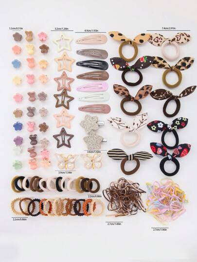870 قطعة/مجموعة من اكسسوارات شعر الفتيات بألوان بنية مزينة بفيونكة ونجوم بسيطة وجميلة، تشمل ربطات شعر, كبكات, سبائط, أطواق شعر، مجموعة ديكورات شعر للأطفال، مناسبة للاستخدام اليومي والهدايا