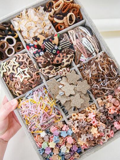 870 قطعة/مجموعة من اكسسوارات شعر الفتيات بألوان بنية مزينة بفيونكة ونجوم بسيطة وجميلة، تشمل ربطات شعر, كبكات, سبائط, أطواق شعر، مجموعة ديكورات شعر للأطفال، مناسبة للاستخدام اليومي والهدايا