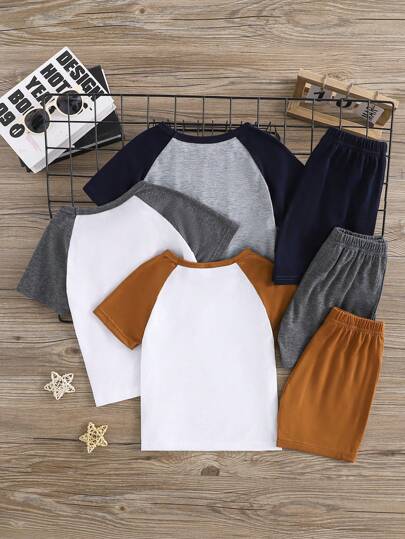 6 قطعة/مجموعة من الأطفال الصغار أولاد طقم قصير الأكمام طاقم الرقبة والشورت مطبوع بلوك كالور، مناسب للربيع والصيف والخريف للارتداء اليومي العادي أو الخارجي
