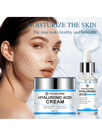 مجموعة كريم الوجه وسيروم حمض الهيالورونيك 30مل + 60جم - منعش، ترطيب عميق، يحسن مرونة البشرة، يعزز لون البشرة ويشدها