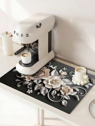 قطعة واحدة وسادة تجفيف امتصاصية بنمط زهري ثلاثي الأبعاد ، وسادة تجفيف مطبخ مقاومة للماء جديدة ، وسادة سيليكون ناعمة مقاومة للانزلاق وسريعة الجفاف للمطبخ، مناسبة لصانعات القهوة والمزيد ، ألواح وأوعية للترتيب المنزلي