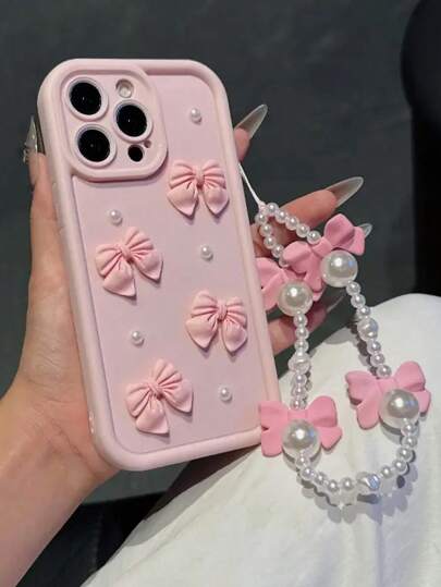 قطعة واحدة غطاء هاتف معلق به سلسلة حزام لؤلؤي وفيونكة وردية متوافق مع هواتف آيفون 16/15 برو ماكس/15 بلس/15 برو/15/14 برو ماكس/14 بلس/14 برو/14/13 برو ماكس/13 برو/13/12 برو ماكس/12 برو/12 برو ماكس/11 برو/11/إكس إس ماكس/إكس آر/إكس إس/7/8 بلس، غطاء شفاف مقاو