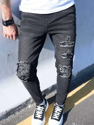 بنطال جينز أسود رفيع مطاطي برقع زخرفية ومسبوك بثقوب، بنطلون ضيق أنيق بقصة الوسط الممشوق