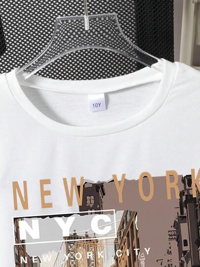 مجموعة قصيرة الأكمام مطبوعة بالبيئة الريفية وشورت جينز للأولاد المراهقين