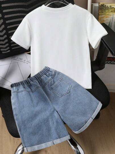 مجموعة قصيرة الأكمام مطبوعة بالبيئة الريفية وشورت جينز للأولاد المراهقين