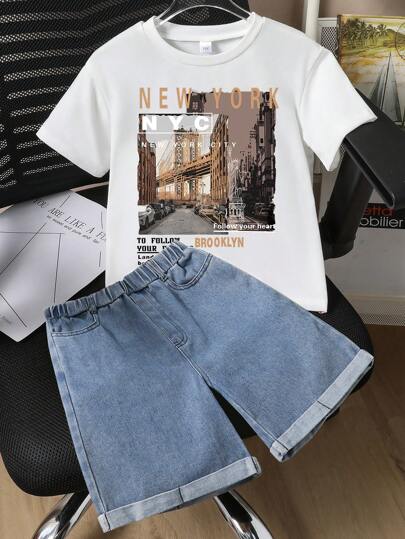 مجموعة قصيرة الأكمام مطبوعة بالبيئة الريفية وشورت جينز للأولاد المراهقين