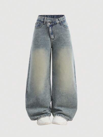 SHEIN جينز مريح وفضفاض مصمم بخصر مائل باللون الأزرق الفاتح والتصميم الكاجوال الأنيق للفتيات بين السن، مناسب للاستخدام اليومي وجميع الفصول، ملابس فتيات المراهقات