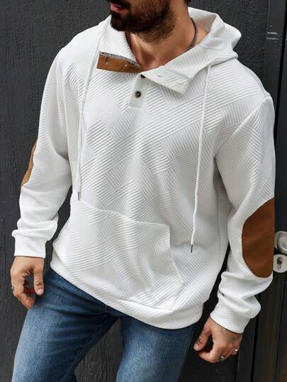 Manfinity Homme هودي رجالي بحجم كبير ذو لون واحد، مفصل من الأمام مع أزرار وأكمام طويلة وجيوب