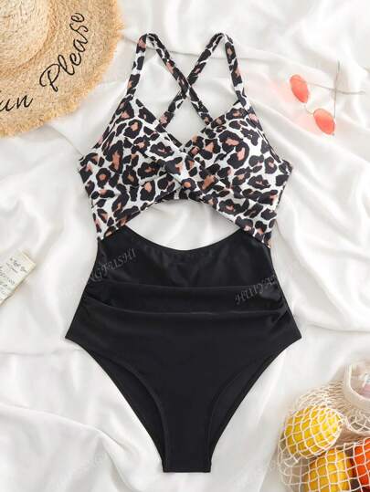 مايوه حريمي قطعة واحدة ملابس السباحة قطعة واحدة صيفية جذابة باظهار الظهر، بأربطة قابلة للتعديل، بطبعات جلد الفهد وألوان صلبة، قص مجوف مخفف الوزن