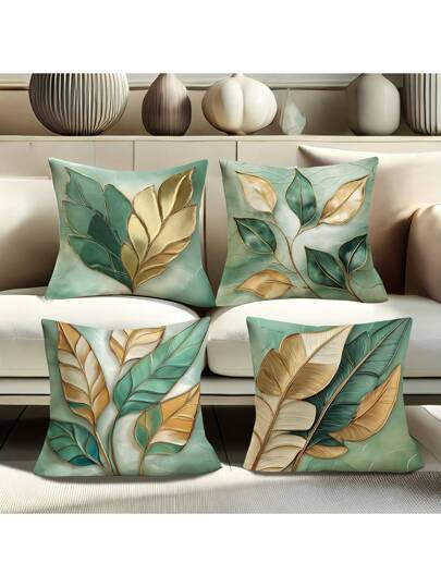 طقم ربيعي مكون من 4 قطع ، أغطية وسادات مطبوعة بورق الشجر القديم مقاس 18 * 18 بوصة ، أغطية وسائد كنب من البوليستر بسحاب، مناسبة لديكور غرفة النوم وغرفة المعيشة، قابلة للغسل في الغسالة