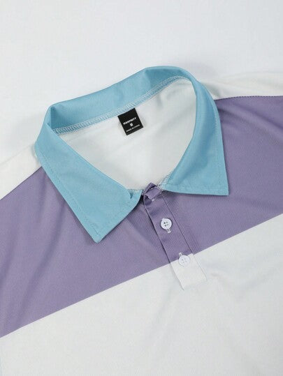 Manfinity Homme قميص بولو أكمام قصيرة بخطوط متباينة بسيطة للرجال