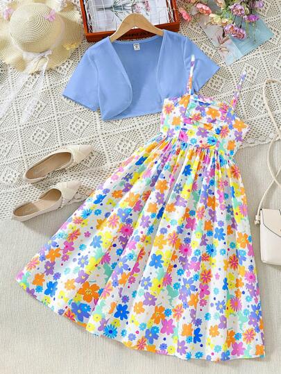 تيشيرتات بناتي فستان كامي طويل مطبوع بطبعة الدوبامين مع جاكيت بلون سادة للفتيات المراهقات