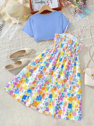 تيشيرتات بناتي فستان كامي طويل مطبوع بطبعة الدوبامين مع جاكيت بلون سادة للفتيات المراهقات