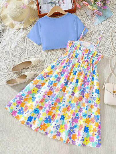 تيشيرتات بناتي فستان كامي طويل مطبوع بطبعة الدوبامين مع جاكيت بلون سادة للفتيات المراهقات