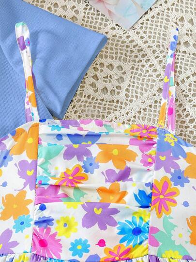 تيشيرتات بناتي فستان كامي طويل مطبوع بطبعة الدوبامين مع جاكيت بلون سادة للفتيات المراهقات