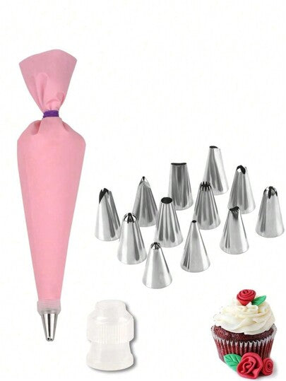 14 قطعة مجموعة أنابيب الحشو والفوهات باللون الوردي ، 12 فوهة نحاسية لحشو الكيك مع 1 كيس سيليكون للتزيين إعادة الاستخدام ، أداة تنعيم، كبسولات خبز سيليكون، 1 وصلة مجموعة أدوات تزيين الكيك للخبز والتزيين