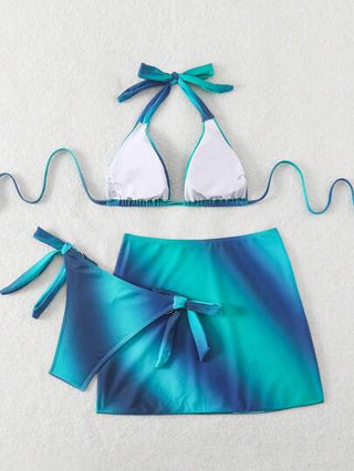 Swim SXY طقم بيكيني مكون من 3 قطع ذو طباعة تدرج مع يقة للنساء وبلوزة للشاطئ، ملابس سباحة للربيع والإحتفالات ذات طباعة أومبير بوهو