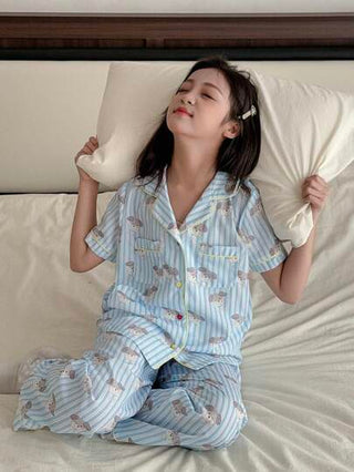 بيجاما DAZY طقم بيجامة ثنائي الألوان مطبوع بطبعة كلب بأكمام قصيرة للمراهقات