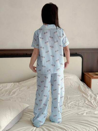 بيجاما DAZY طقم بيجامة ثنائي الألوان مطبوع بطبعة كلب بأكمام قصيرة للمراهقات