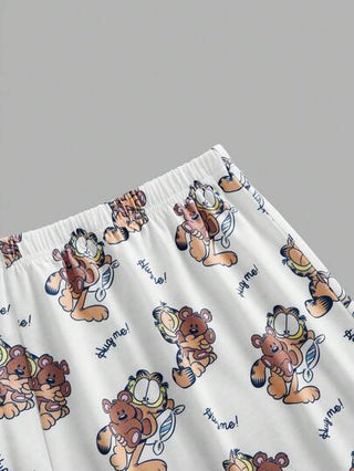 GARFIELD X طقم بيجاما قصير الأكمام برقبة دائرية مطبوع عليه طبعات قطة كرتونية مقاسات كبيرة، للصيف