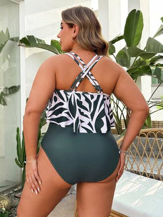 Swim Lushoire مجموعة من 2 قطعة ملابس سباحة بنقشة زهور بتصميم مناسب لحجم إضافي للسيدات، بكيني بربطة على الكتف، بليزر عادي مناسب للإجازات الصيفية