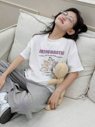 بيجاما DAZY مجموعة بنطال واسع القدم وتي شيرت بأكمام قصيرة مطبوع رقبة مستديرة محبوك، ملابس راحة لفتيات في سن المراهقة ملائمة للربيع والصيف،2 قطعة/طقم