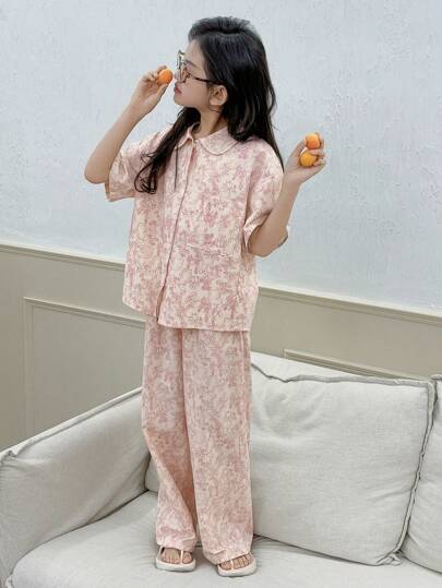 بيجاما DAZY طقم مجموعة الملابس الداخلية الربيعية والصيفية ذو الطراز ال- فلوري تتكون من 2 قطعة: ملابس علوية ذو تصميم طوق بيتر بان بأكمام قصيرة مُنسوجة +سراويل منسوجة مطبوعة منديل للبنات المراهقات