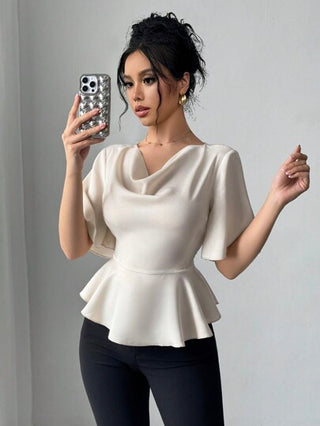 Gloray بلوزة نسائية بياقة متقاطعة مع كشكش من القماش الأطلسي، موسم الربيع/الصيف، تصميم راقي عالي المستوى