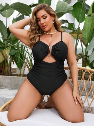 Swim SXY بدلة سباحة قطعة واحدة اللون الصلب للنساء بحجم كبير، حزام رفيع ، فتحة أمامية ، تزيين معدني بطوق على شكل حرف U ، أنيقة وجذابة للعطلات الصيفية