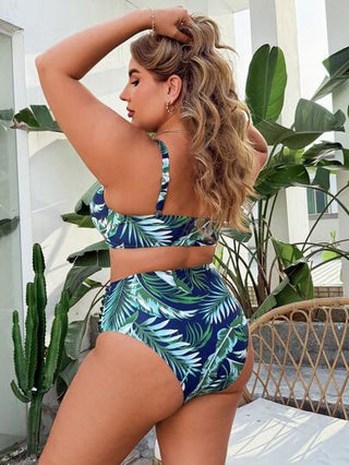 Swim Lushoire المرأة الحجم الكبير للصيف مجموعة من قطعتين طقم بنمط زهري تصميم فاتن وبرقبة عريضة، بيكيني عالي الخصر بقطع مثلثية، ملابس سباحة بسيطة