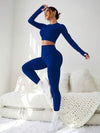 SHEIN Sport Studio طقم رياضي للنساء، أكمام طويلة ظهر مكشوف و بنطلون طويل ، مواد عالية المرونة ،أحادي اللون ،مجموعة تنورة وبنطلون للنساء