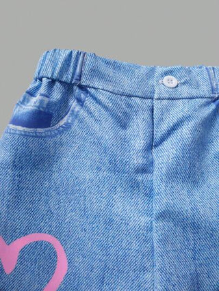 girls-sets مجموعة قميص قلب الطباعة الكاجوال والشارع لفتاة المراهقة وبنطال جينز لعيد الحب،قطعتين/طقم