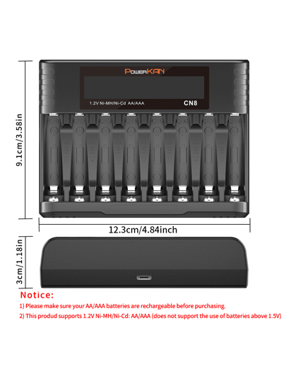 powerKAN شاحن بطارية AA AAA، 8 فتحات يمكنه شحن من 1 إلى 8 بطاريات AA AAA في نفس الوقت، تيار الخرج 500مللي أمبير*1 و إدخال USB-C، شاحن بطارية LCD لبطاريات قابلة لإعادة الشحن 1.2 فولت Ni-MH/Ni-CD AA AAA (مع كابل USB-C)