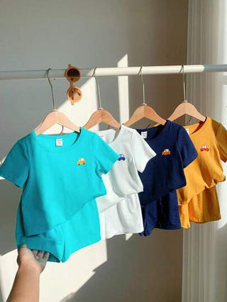 8 قطعة/طقم للأولاد/البنات الرضع صيف ملابس علوية كارتوني وأحادي اللون قصير الأكمام وشورت ذو خصر مطاطي