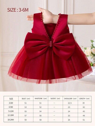 فساتين بيبي فستان أنثى رضيع بلا أكمام لون بورغندي بقوس كبير وزخارف من الشرائط
