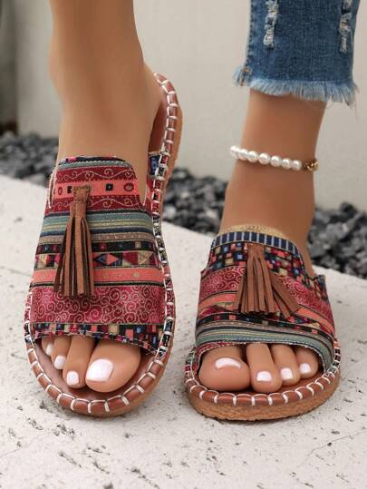 أحذية أوكسفورد حريمي نعال منزلية كاجوال يد صنع، أنيق وهش وخفيف الوزن من القماش القطني، بشكل بوهيمي، مزينة بشراريب، مصنوع بتقنية الخياطة الحرفية مع نعل تيبي أر أوكسفورد غير منزلق