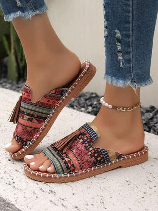 أحذية أوكسفورد حريمي نعال منزلية كاجوال يد صنع، أنيق وهش وخفيف الوزن من القماش القطني، بشكل بوهيمي، مزينة بشراريب، مصنوع بتقنية الخياطة الحرفية مع نعل تيبي أر أوكسفورد غير منزلق