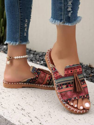 أحذية أوكسفورد حريمي نعال منزلية كاجوال يد صنع، أنيق وهش وخفيف الوزن من القماش القطني، بشكل بوهيمي، مزينة بشراريب، مصنوع بتقنية الخياطة الحرفية مع نعل تيبي أر أوكسفورد غير منزلق