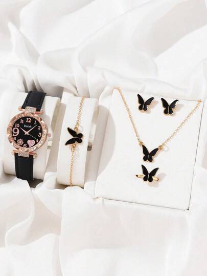 6 قطعة/طقم ساعات كوارتز مينيمالية بعقارب شكل قلب عربي دائري مع حزام جلد، بملحقات ساعة فراشة، مناسبة كهدايا لعيد الميلاد وعيد الهالوين