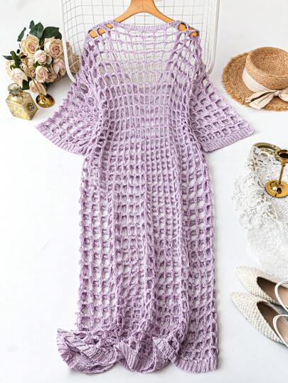 غطاء صيفي معتق بلون واحد وبتصميم شبكي لمقاسات كبيرة، مناسب للشاطئ والعطلات الصيفية