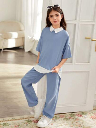 تيشيرتات بناتي ملابس علوية مريحة وواسعة ذات ياقة منسدلة وأكمام قصيرة ومفرقعة للفتيات المراهقات، ذات لمسات لونية مشتركة مع بنطال قصير مستقيم الساق - طقم من قطعتين