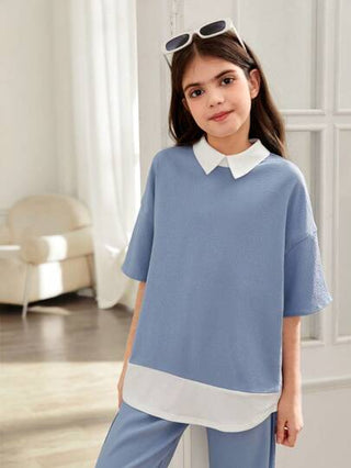 تيشيرتات بناتي ملابس علوية مريحة وواسعة ذات ياقة منسدلة وأكمام قصيرة ومفرقعة للفتيات المراهقات، ذات لمسات لونية مشتركة مع بنطال قصير مستقيم الساق - طقم من قطعتين