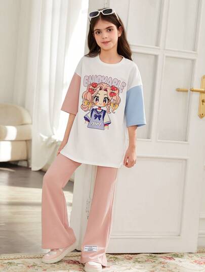 تيشيرتات بناتي مجموعة تي شيرت كرو نيك بأكمام قصيرة واسع مطبوع بفتاة كرتونية ملونة وبنطال مرتفع للفتيات المراهقات، ملابس كاجوال شارع