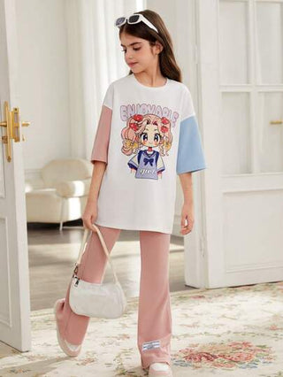 تيشيرتات بناتي مجموعة تي شيرت كرو نيك بأكمام قصيرة واسع مطبوع بفتاة كرتونية ملونة وبنطال مرتفع للفتيات المراهقات، ملابس كاجوال شارع