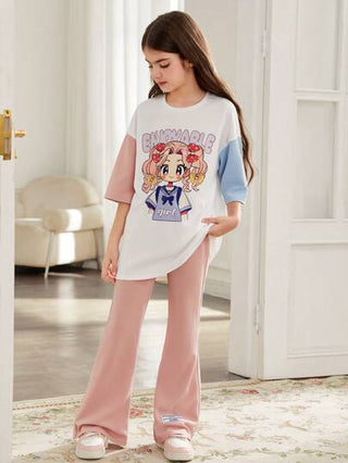 تيشيرتات بناتي مجموعة تي شيرت كرو نيك بأكمام قصيرة واسع مطبوع بفتاة كرتونية ملونة وبنطال مرتفع للفتيات المراهقات، ملابس كاجوال شارع