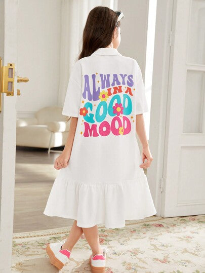 تيشيرتات بناتي فستان منفوخ نصف كم زهري بالحروف الكرتونية وترتر وطباعة جرافيتي للبنات المراهقات، برقبة بولو واكمام منفوخة وياقة حقيقية، أبيض اللون