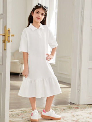 تيشيرتات بناتي فستان منفوخ نصف كم زهري بالحروف الكرتونية وترتر وطباعة جرافيتي للبنات المراهقات، برقبة بولو واكمام منفوخة وياقة حقيقية، أبيض اللون