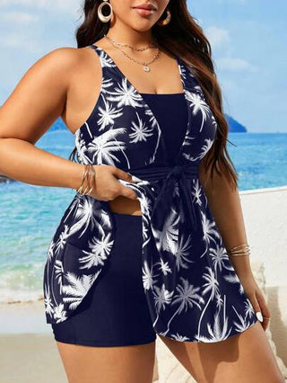 SHEIN Swim Curve مجموعة 2 قطعة من ملابس السباحة تانكيني للنساء ذوات الأحجام الكبيرة مطبوع عليها طباعة رقمية لفصل الصيف