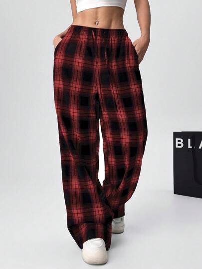 EZwear بنطلون فضفاض مربع مطبوع للسيدات بخصر رباط وجيوب، مبطن حراري